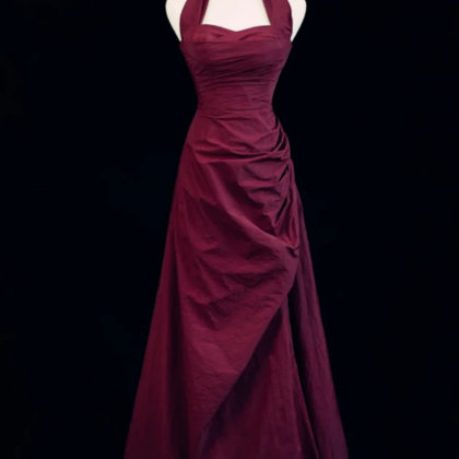 A Line Halter Vintage Style Prom Dress, Burgundy..