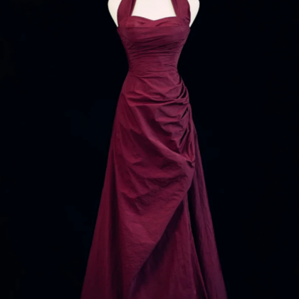 Vintage Burgundy Floral Long Prom Dress Halter Party Evening Gown cc1492 main image 0