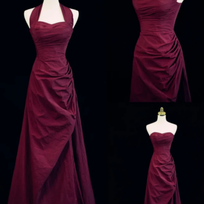 A Line Halter Vintage Style Prom Dress, Burgundy..