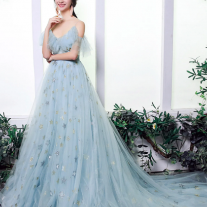 Blue Spaghetti Strap Tulle Long Prom Dress, A Line..