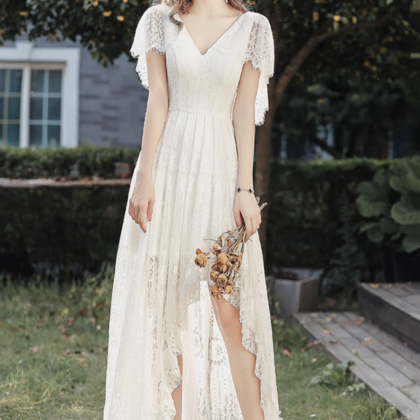 White V Neck Lace High Low Prom Dress, White..