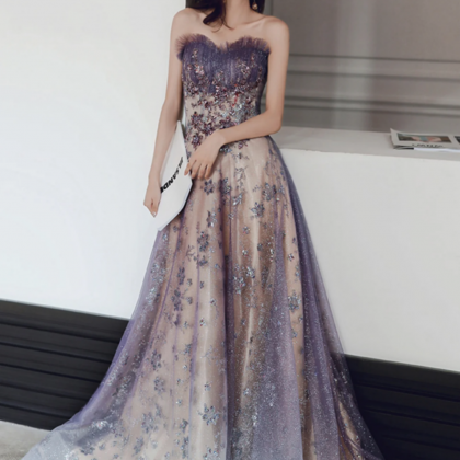 Purple Strapless Tulle Long Formal Dress, A Line..