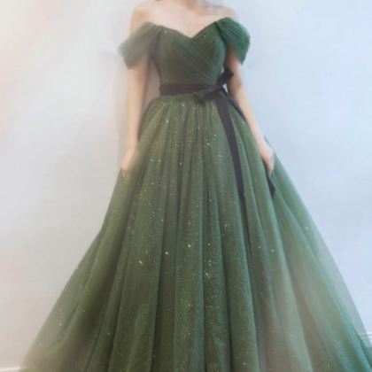 Green Tulle Long Prom Dresses, A Line Off The..