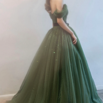 Green Tulle Long Prom Dresses, A Line Off The..