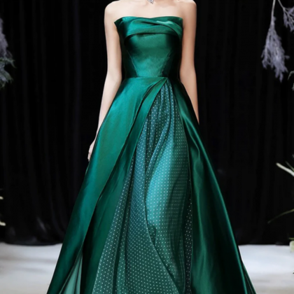 Dark Green Satin Long Prom Dress, Green A Line..