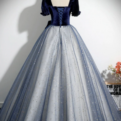 Blue Velvet Tulle Long Prom Dress, A Line Short..