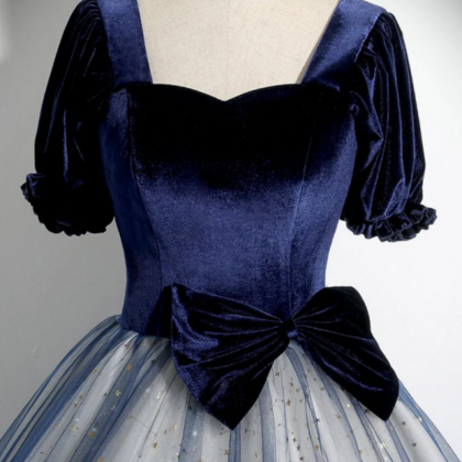 Blue Velvet Tulle Long Prom Dress, A Line Short..