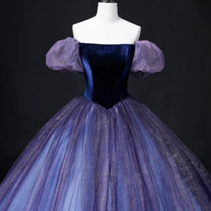 Lovely Velvet Tulle Long Prom Dress, Purple Off..