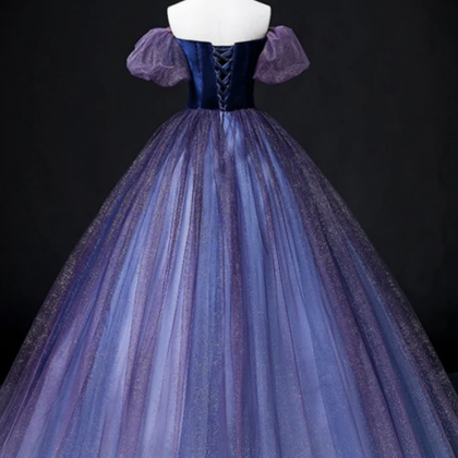 Lovely Velvet Tulle Long Prom Dress, Purple Off..