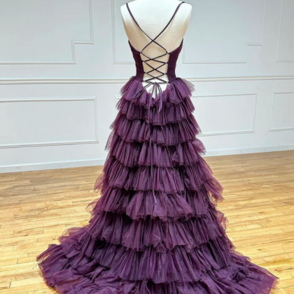 Purple Tulle Layers Long Prom Dress, Purple..