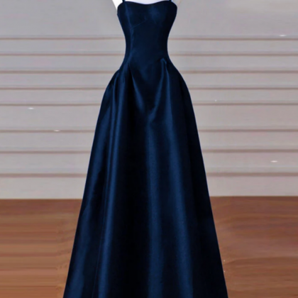 Simple A Line Dark Blue Satin Long Prom Dress,..