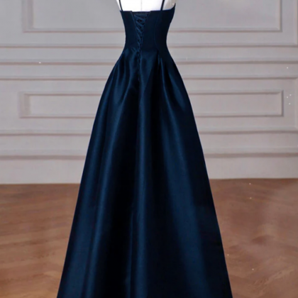Simple A Line Dark Blue Satin Long Prom Dress,..