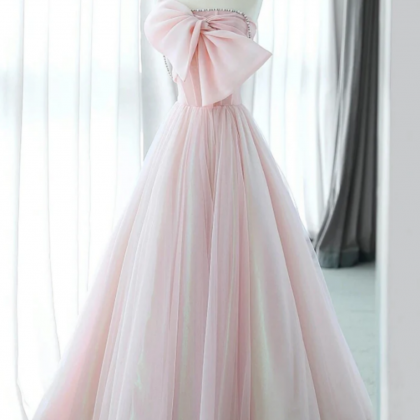 A Line Pink Organza Long Prom Dress, Pink Long..