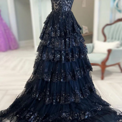 A Line Sweetheart Neck Tulle Sequin Black Long..