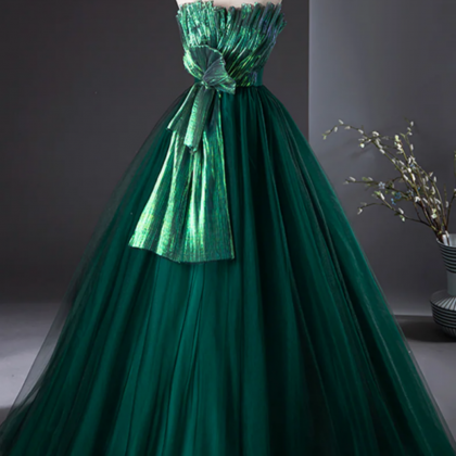 Dark Green Strapless Tulle Long Prom Dress,..