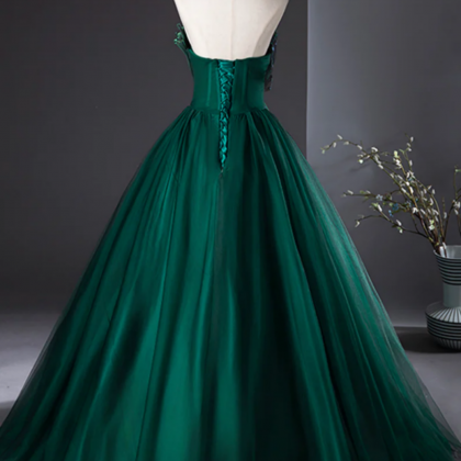 Dark Green Strapless Tulle Long Prom Dress,..