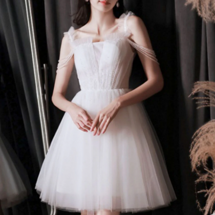 A Line Tulle Beads White Short Prom Dress, White..