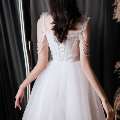 A Line Tulle Beads White Short Prom Dress, White..