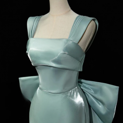 Simple Satin Bow Tie Green Long Prom Dress Green Long Formal Dress