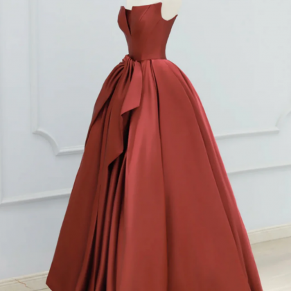 Pretty A LIne Burgundy Strapless Satin Long Prom Dress, Evening Dress main image 0