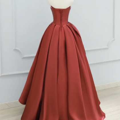 Burgundy Strapless Satin Long Prom Dress,..
