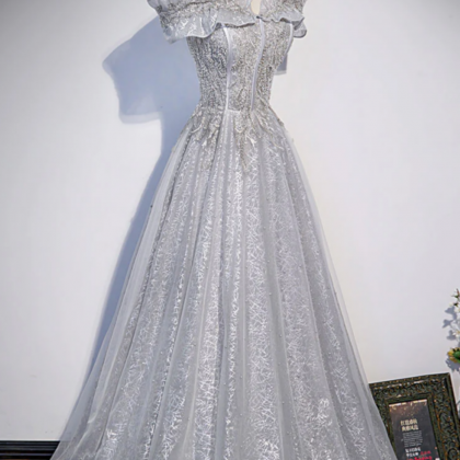 Gray Tulle Long Prom Dress, Gray Tulle Formal..