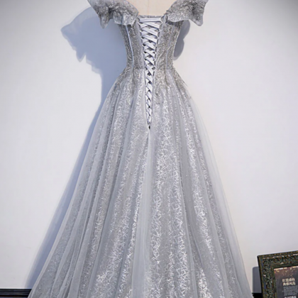 Gray Tulle Long Prom Dress, Gray Tulle Formal..