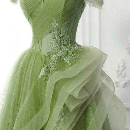 A Line Tulle Lace Green Long Prom Dress, Green..