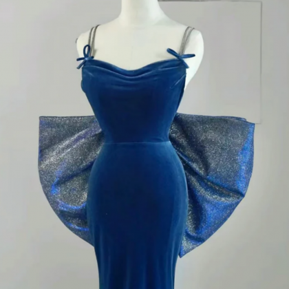 Simple Velvet Blue Mermaid Long Prom Dress,..