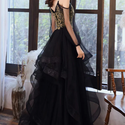A-line V-neck Appliques Strpas Long Black Tulle Prom Dresses, PD0130