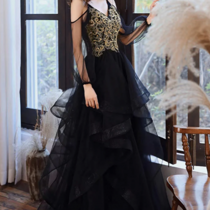Black A-line V Neck Tulle Dress