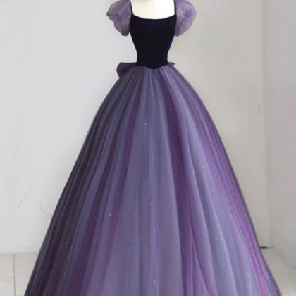 A Line Puff Sleeves Tulle Velvet Purple Long Prom..