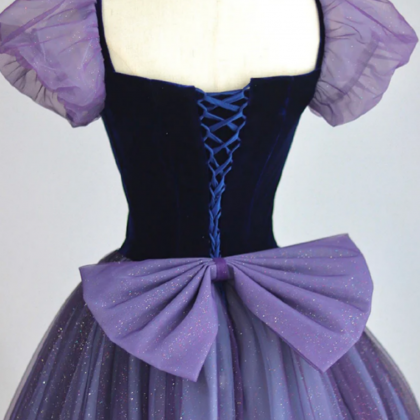 A Line Puff Sleeves Tulle Velvet Purple Long Prom..