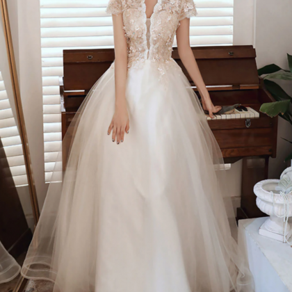 champagne v neck tulle lace long prom dress, champagne evening dress   cg18018