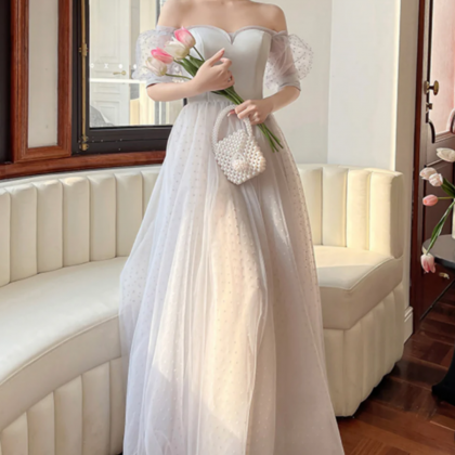Gray Strapless Tulle Long Prom Dress, Lovely A..