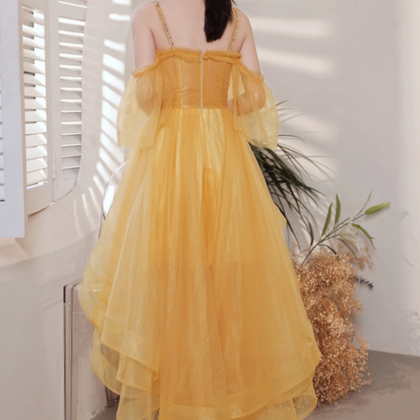 Yellow Tulle High Low Prom Dresses, A Line Evening..