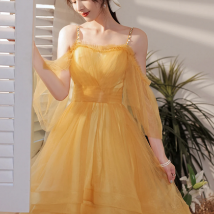 Yellow Tulle High Low Prom Dresses, A Line Evening..