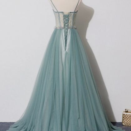 Green Lovely Tulle Straps Long A Line Prom..