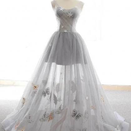 Cute Gray Tulle Star Butterfly Prom Dress Long..