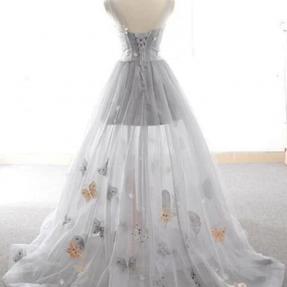 Cute Gray Tulle Star Butterfly Prom Dress Long..