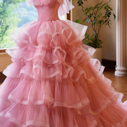 Pink Tulle Layers Long A Line Prom Dress, Pink..