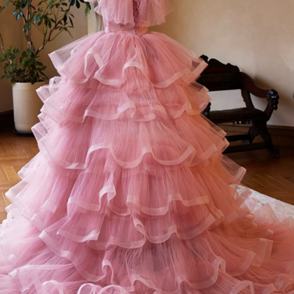 Pink Tulle Layers Long A Line Prom Dress, Pink..