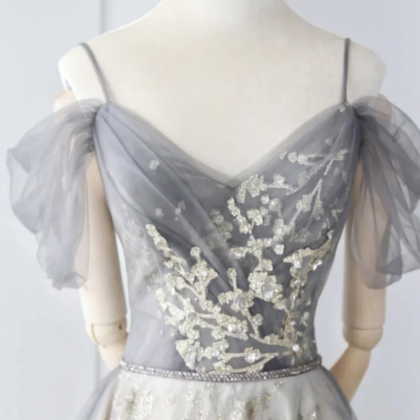 A Line Grey Off Shoulder Sweetheart Tulle Prom..