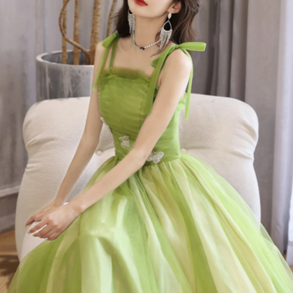Light Green A Line Straps Tulle Long Party Dress,..