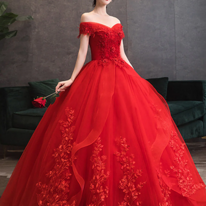 Red Tulle Ball Gown With Lace Sweetheart Long..