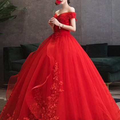 Red Tulle Ball Gown With Lace Sweetheart Long Formal Dress, Red Tulle ...