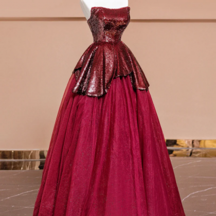 Burgundy Tulle Sequins Long Prom Dress, A Line..