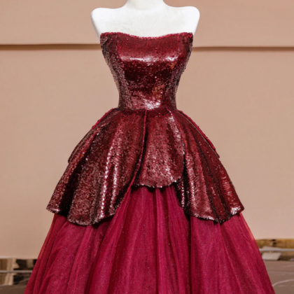 Burgundy Tulle Sequins Long Prom Dress, A Line..
