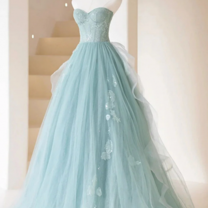 Pretty A Line Strapless Tulle Sequin Long Prom Dress, Evening Dress main image 0