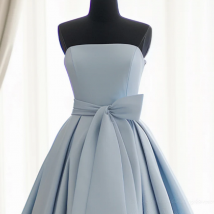 Blue Satin Long Formal Dress, Simple A-Line Strapless Formal Prom Dress main image 1